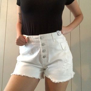White distressed high rise shorts